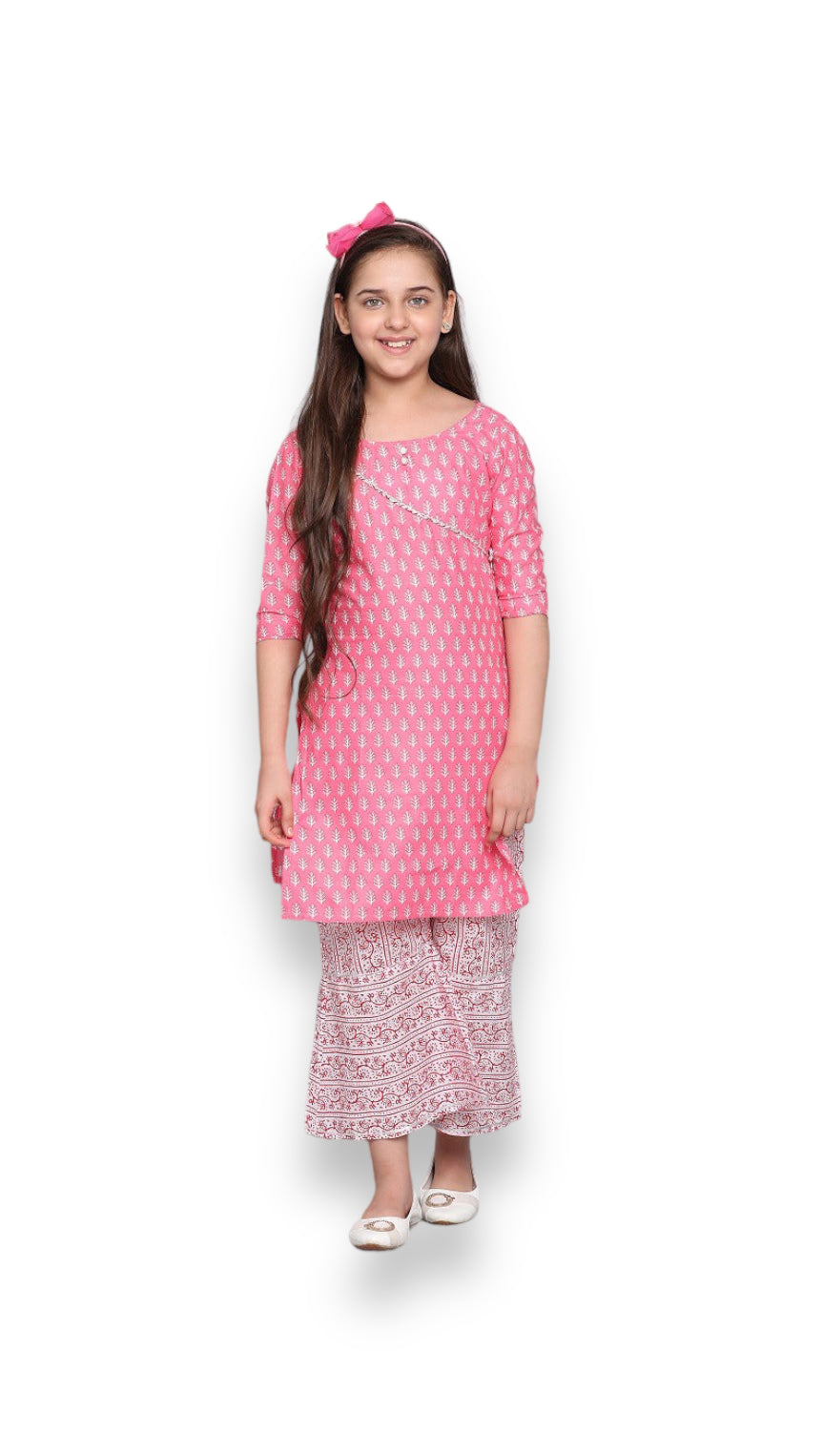 Traditional Cotton Kurti Set with Pant for Girls, Cultural Wear for Kids,04 - Saree Ghor Charlotte