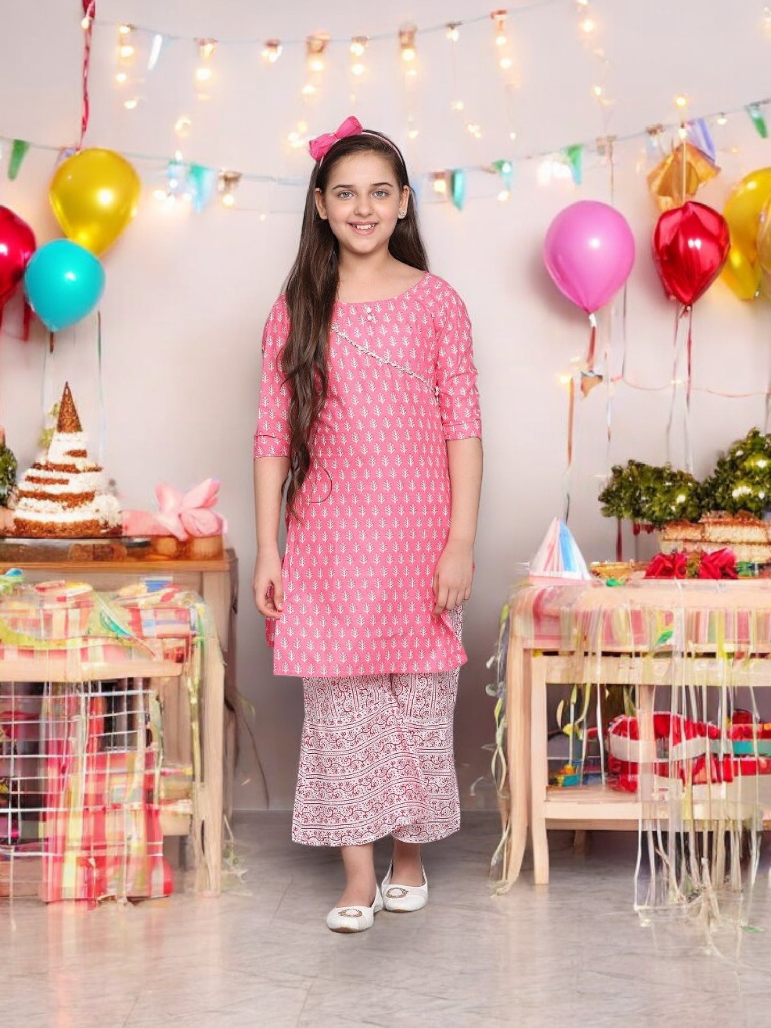 Traditional cotton girls' kurti set with matching pants, colorful ethnic wear for kids aged 4-5 from Saree Ghor Charlotte.