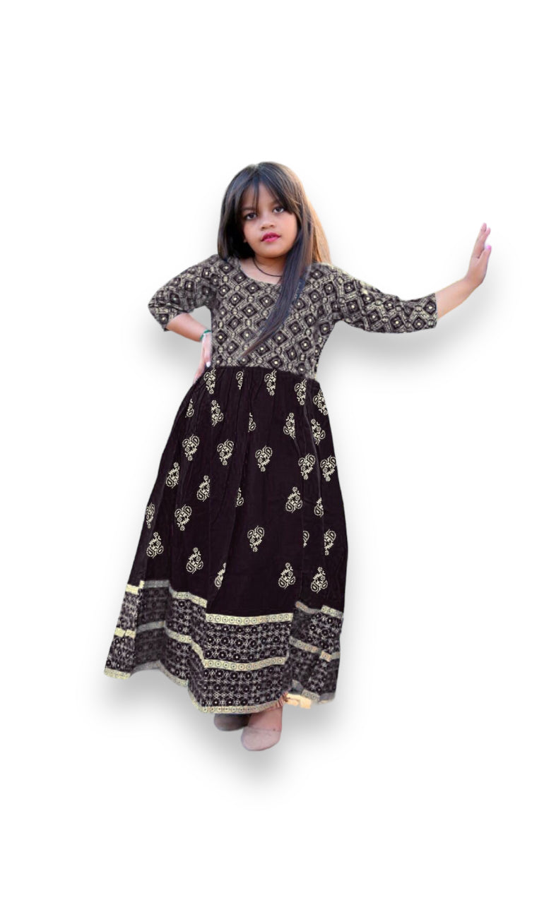 Traditional Foil Printed Gown Suit for Young Girls, Cultural Wear,  B - Saree Ghor Charlotte