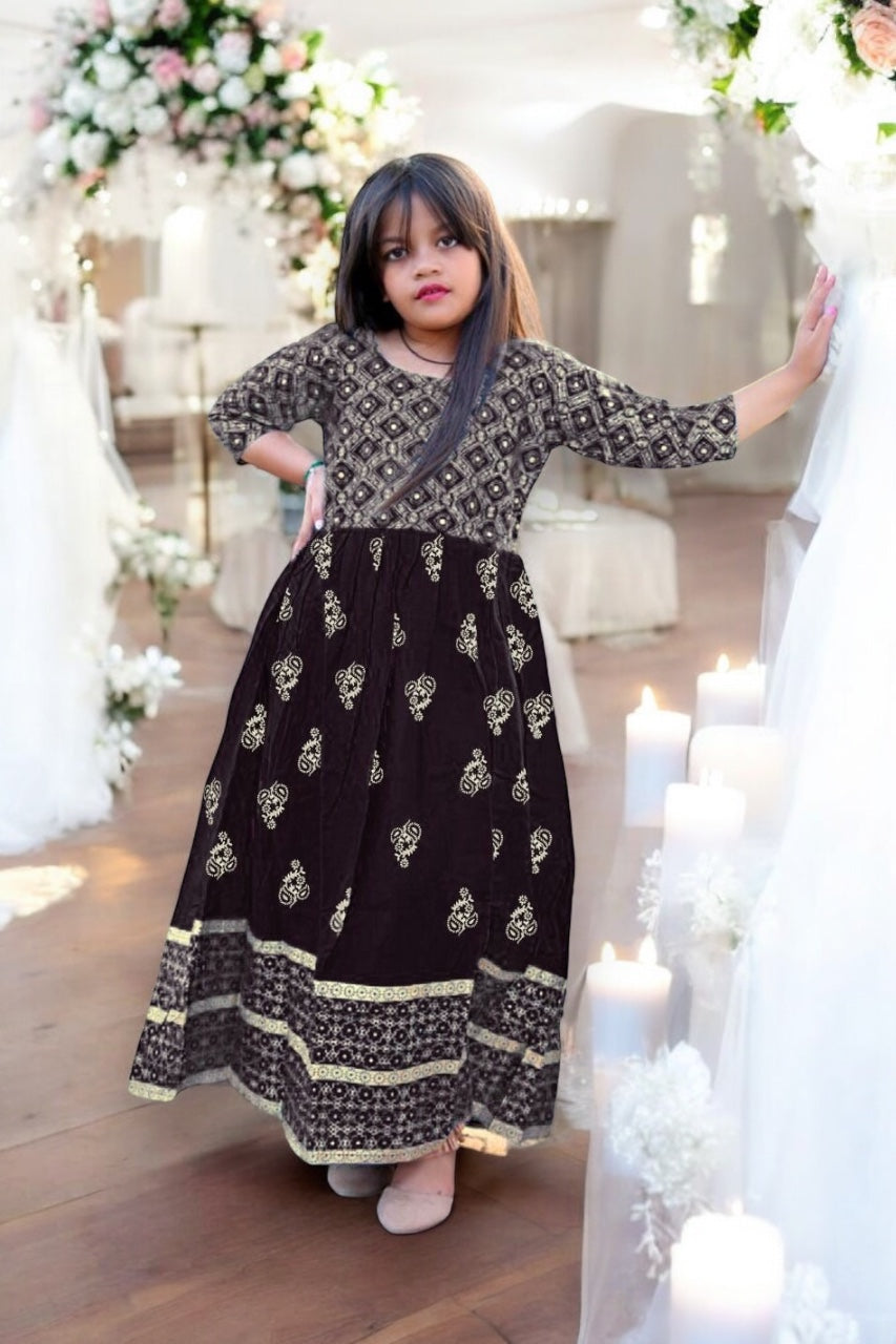 Traditional Foil Printed Gown Suit for Young Girls, Cultural Wear,  B - Saree Ghor Charlotte