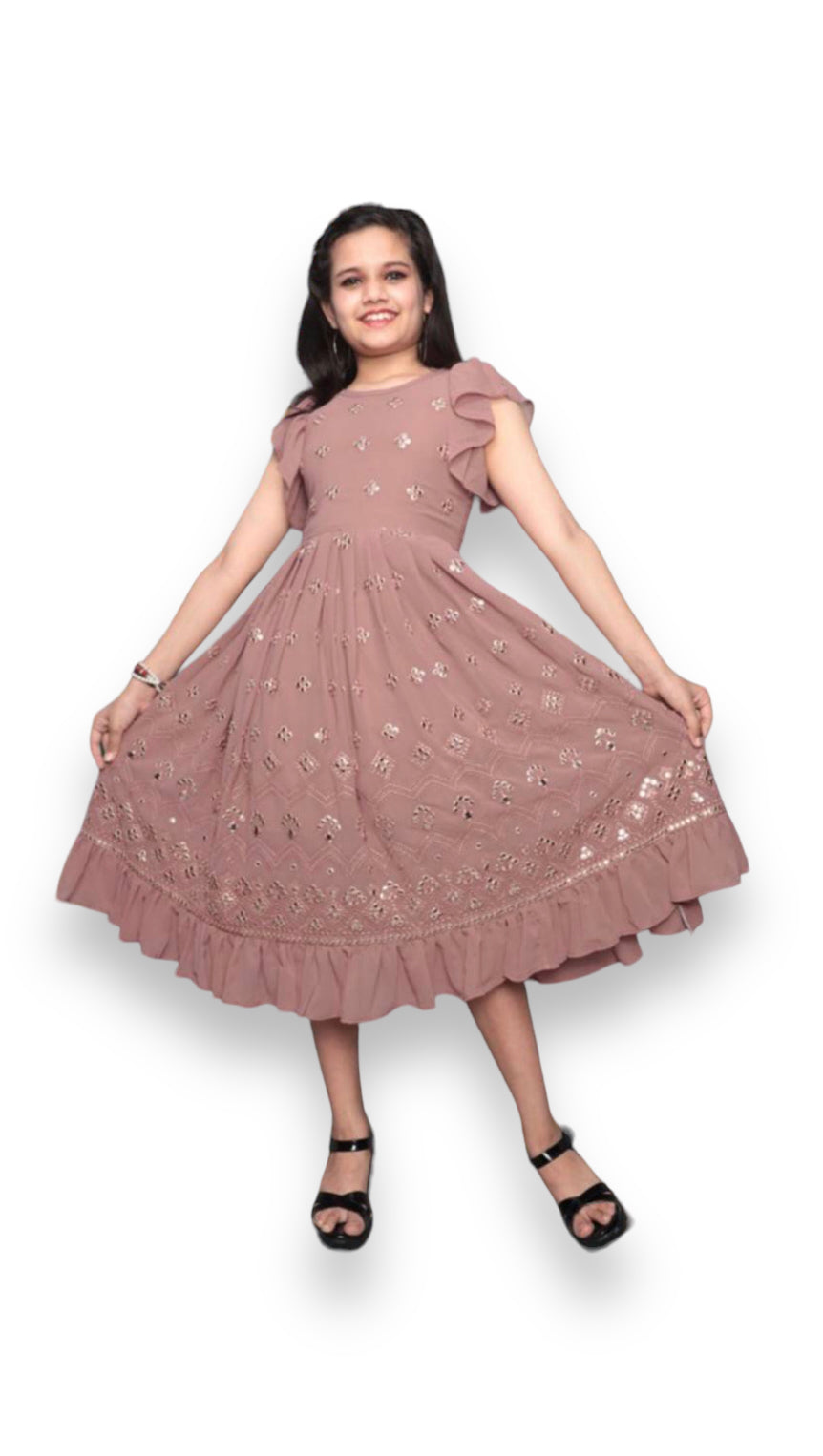 Radiant Peach, Traditional  Party Wear Georgette Embroidery Mirror Work Frock For Girls - Saree Ghor Charlotte