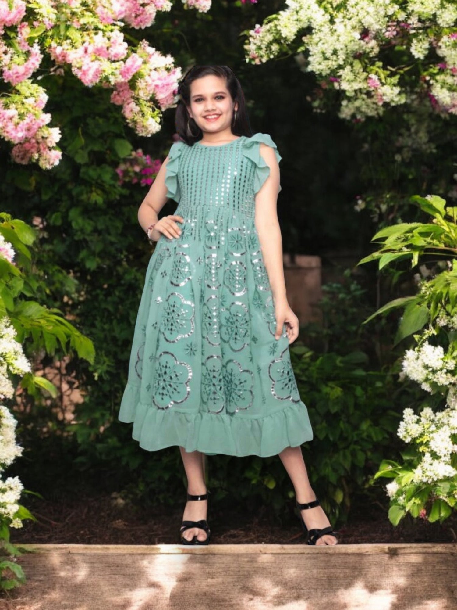 Sea Breeze Delight-Traditional  Party Wear Georgette Embroidery Mirror Work Frock For Girls - Saree Ghor Charlotte