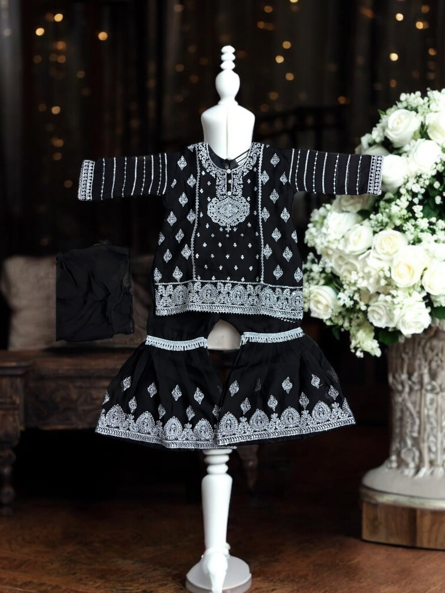 Elegant designer Salwar Kameez for little girls by Saree Ghor Charlotte, featuring colorful traditional ethnic wear for ages 6-12 months.