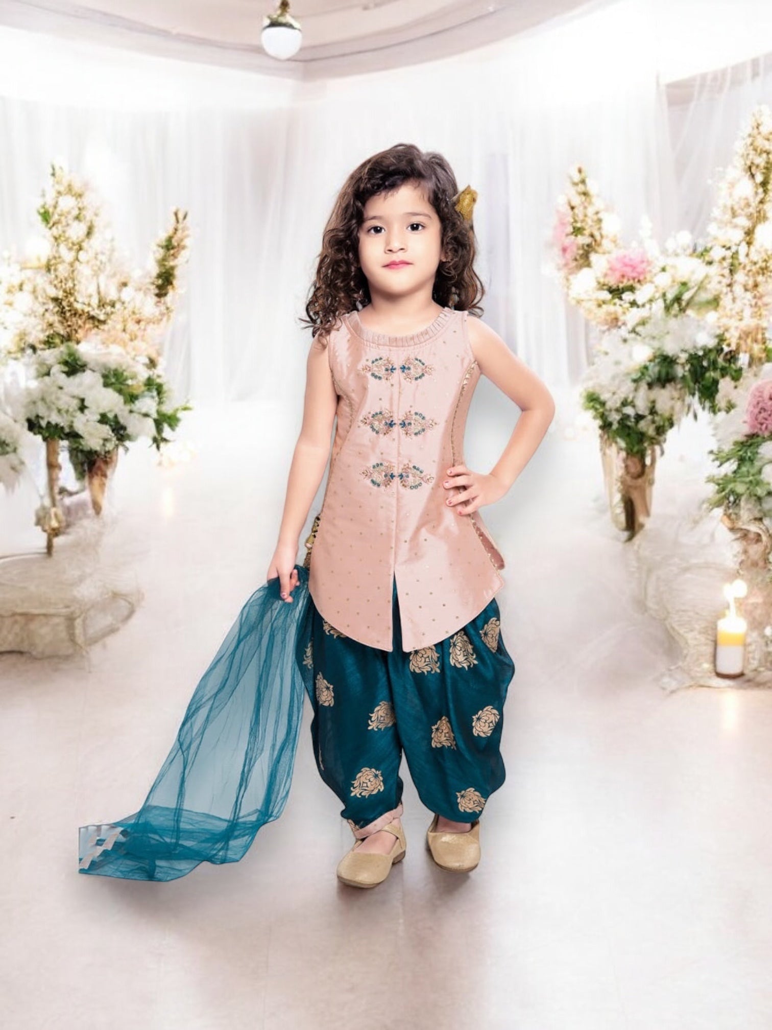 Radiant Rose Gold: Girls' Traditional Panjabi Style Patiyala Suit, Cultural Wear for Kids - Saree Ghor Charlotte