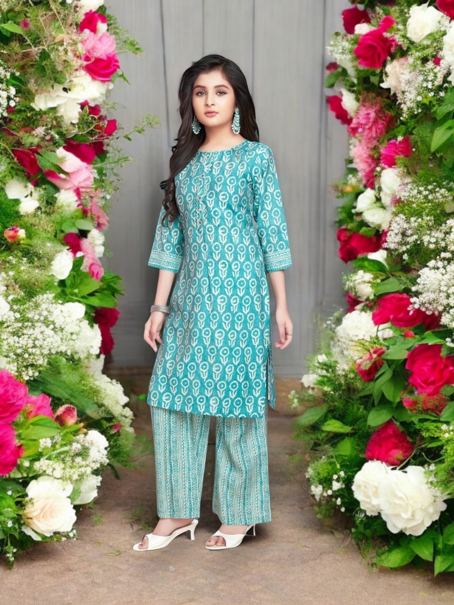 Sky blue traditional Salwar Kameez for girls, ethnic wear by Saree Ghor Charlotte, featuring a festive and cultural design for kids.