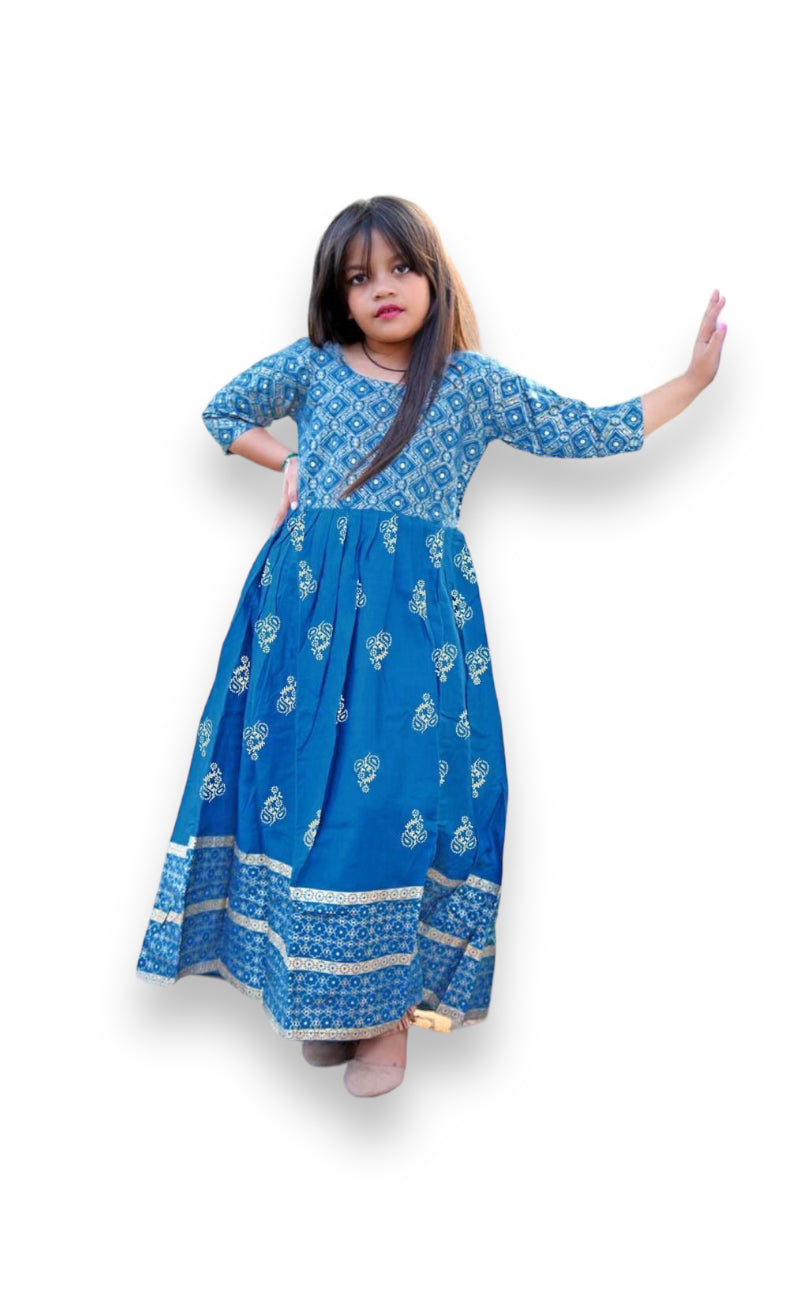 Traditional Foil Printed Gown Suit for Young Girls, Cultural Wear, F - Saree Ghor Charlotte
