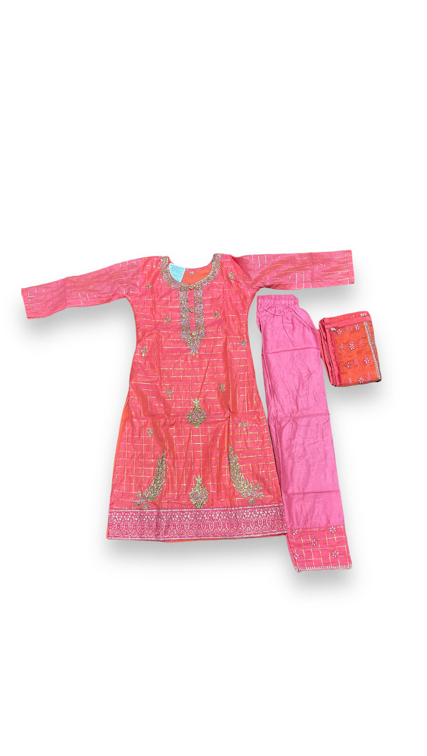 Traditional cotton salwar kameez set for girls, 7-8 years, by Saree Ghor Charlotte, featuring colorful ethnic wear for kids.