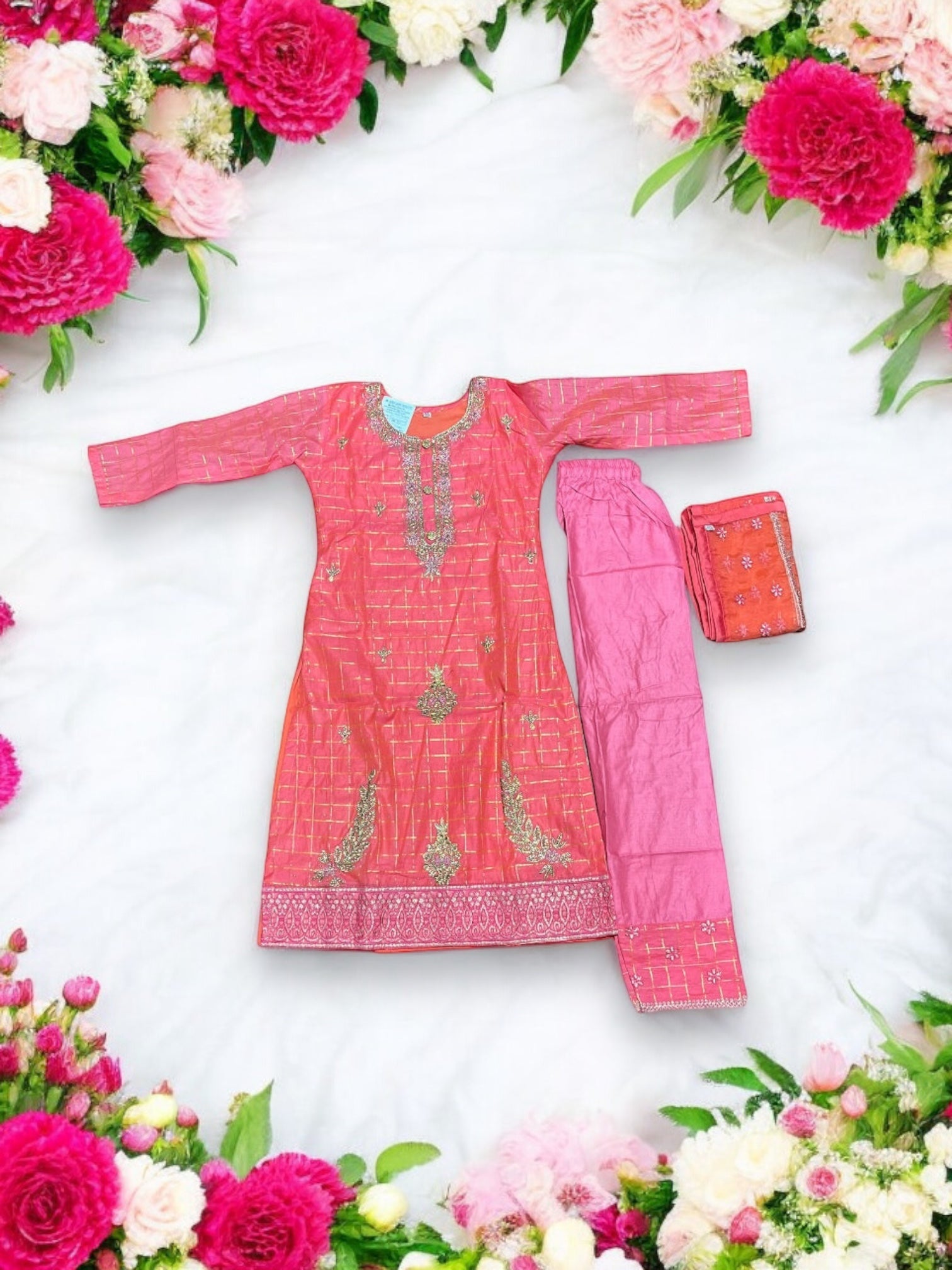 Traditional cotton salwar kameez set for girls, ethnic wear from Saree Ghor Charlotte, for ages 7-8, featuring colorful patterns and embroidery.