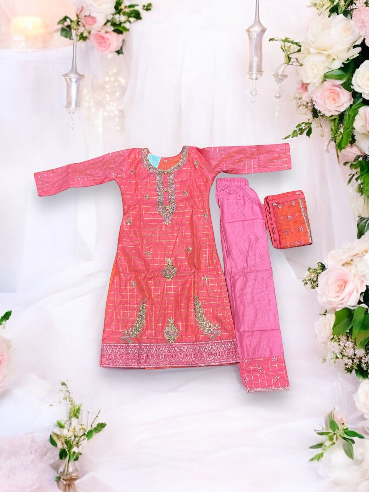 Traditional cotton Salwar Kameez set for girls, age 7-8, by Saree Ghor Charlotte, featuring vibrant ethnic wear for kids.