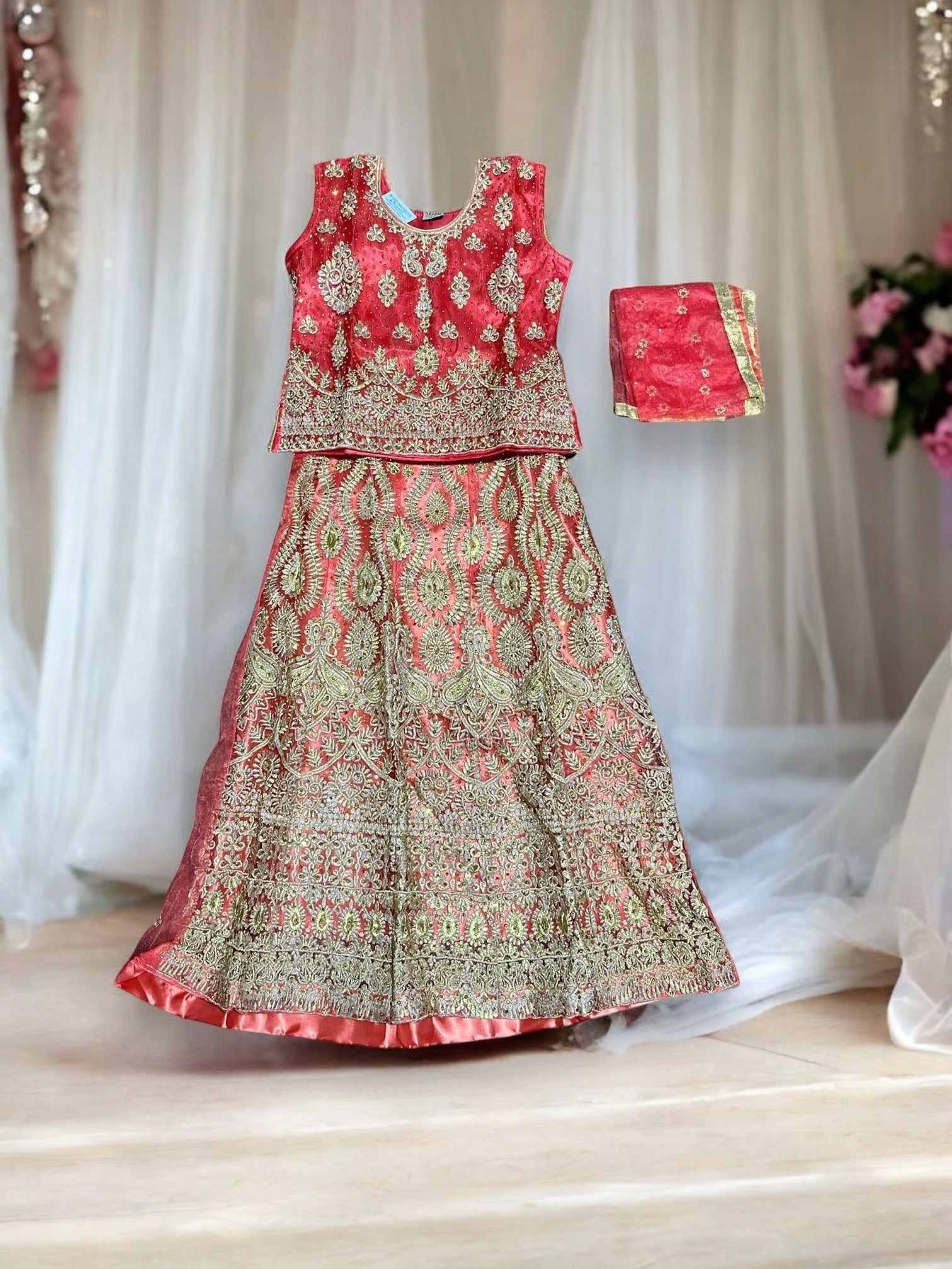 Traditional girls' Lehenga Choli set by Saree Ghor Charlotte, vibrant ethnic wear for kids aged 8-9, with intricate embroidery.