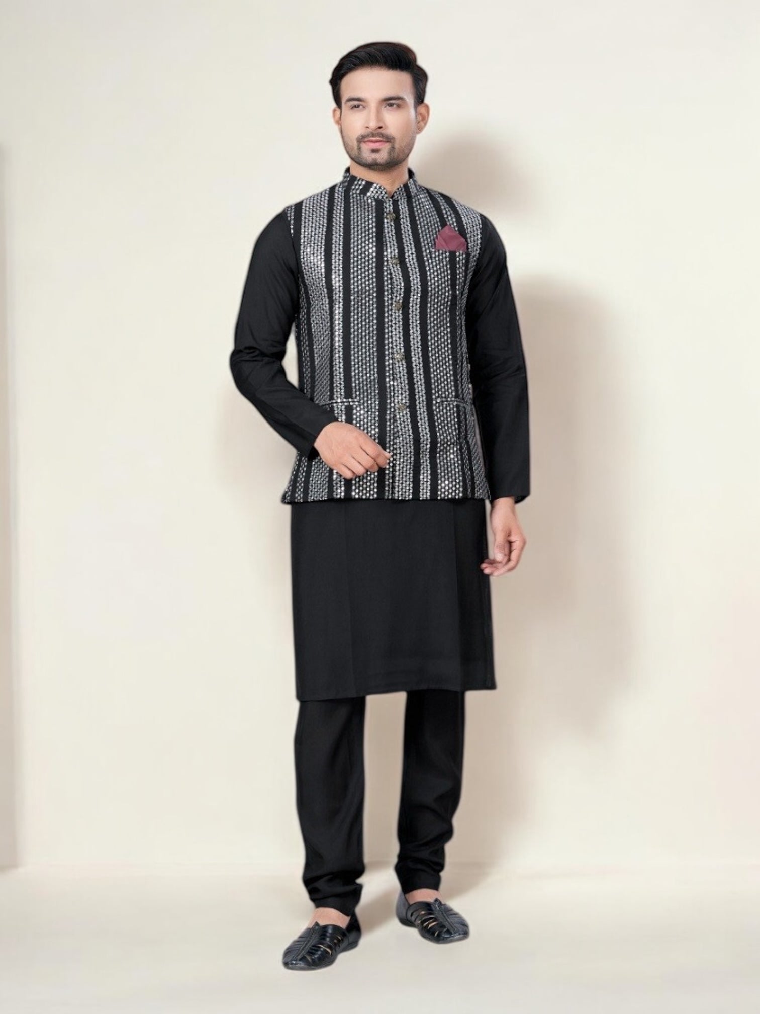 Black traditional men's kurta with matching pajama and jacket, casual ethnic wear by Saree Ghor Charlotte for men.
