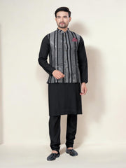 Black traditional men's kurta with matching pajama and jacket, casual ethnic wear by Saree Ghor Charlotte for men.
