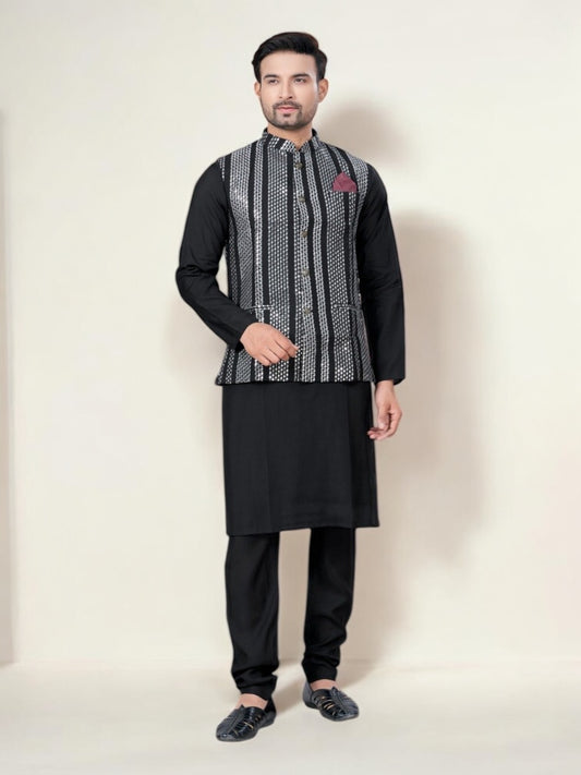 Black- Traditional Men's Kurta Pajama with Jacket– Ethnic Wear for Men-228 - Saree Ghor Charlotte