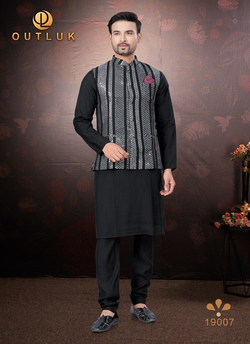 Black traditional men's kurta pajama with jacket by Saree Ghor Charlotte, ethnic wear for men, showcasing intricate design and fabric.