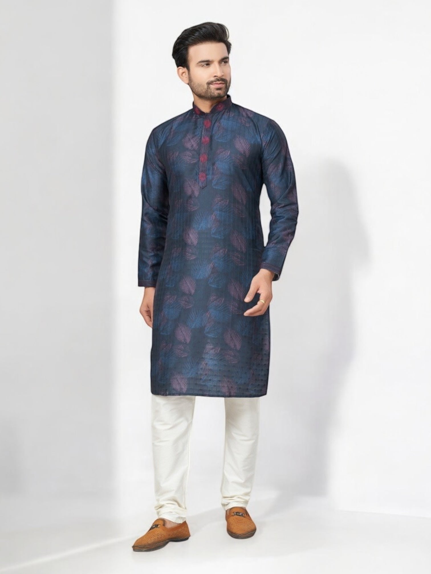 Blue traditional men's kurta and pajama set by Saree Ghor Charlotte, featuring ethnic wear with intricate detailing.