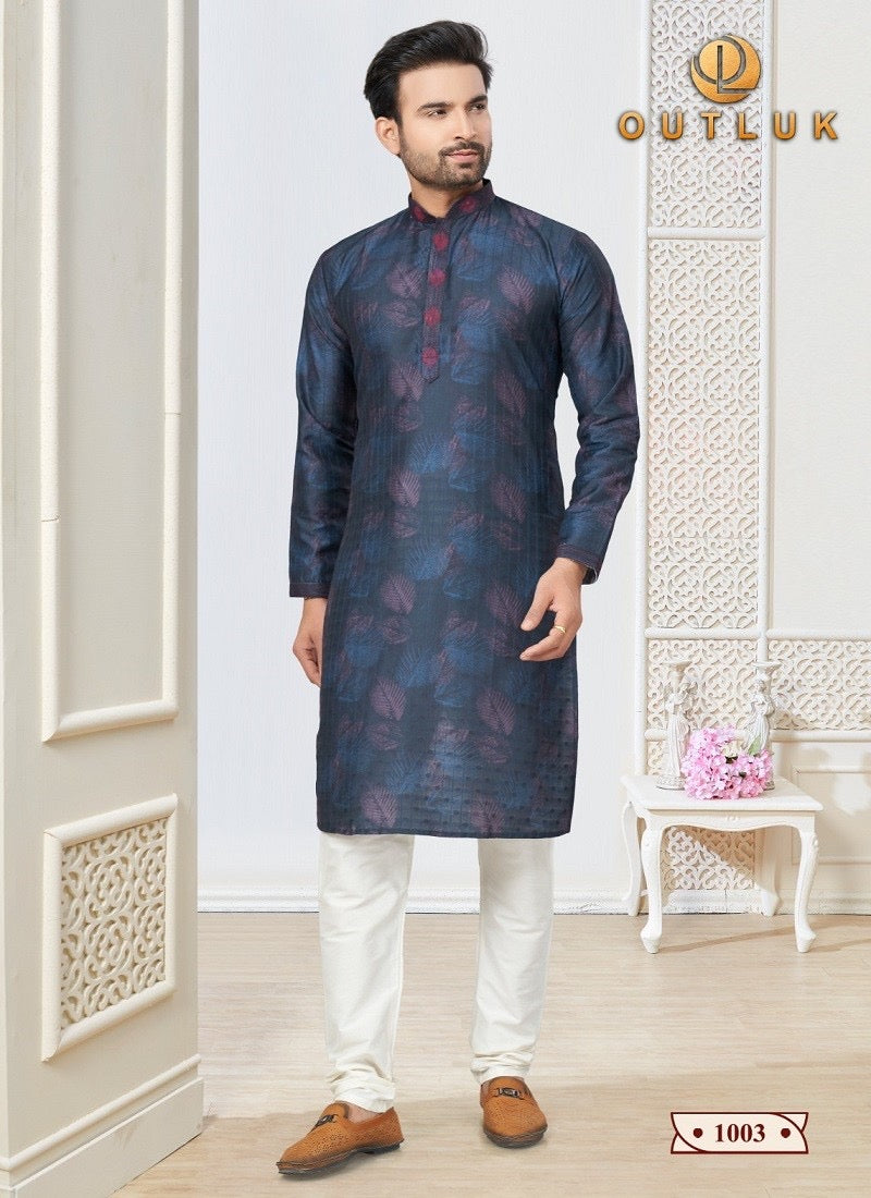 Blue traditional men's kurta and pajama set by Saree Ghor Charlotte, showcasing ethnic wear with intricate detailing.