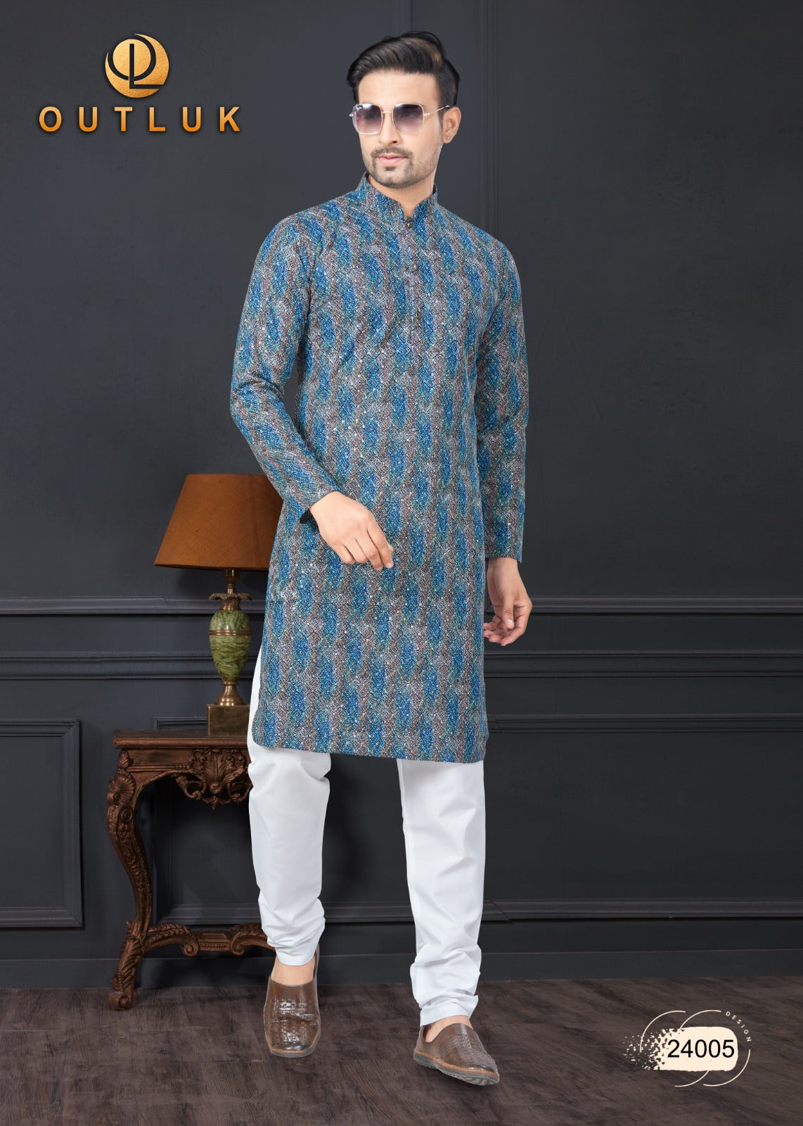 Blue traditional men's kurta and pajama set by Saree Ghor Charlotte, ethnic wear for men with classic design.