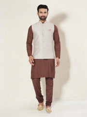 Brown traditional men's kurta with matching pajama and jacket, ethnic wear for men by Saree Ghor Charlotte.