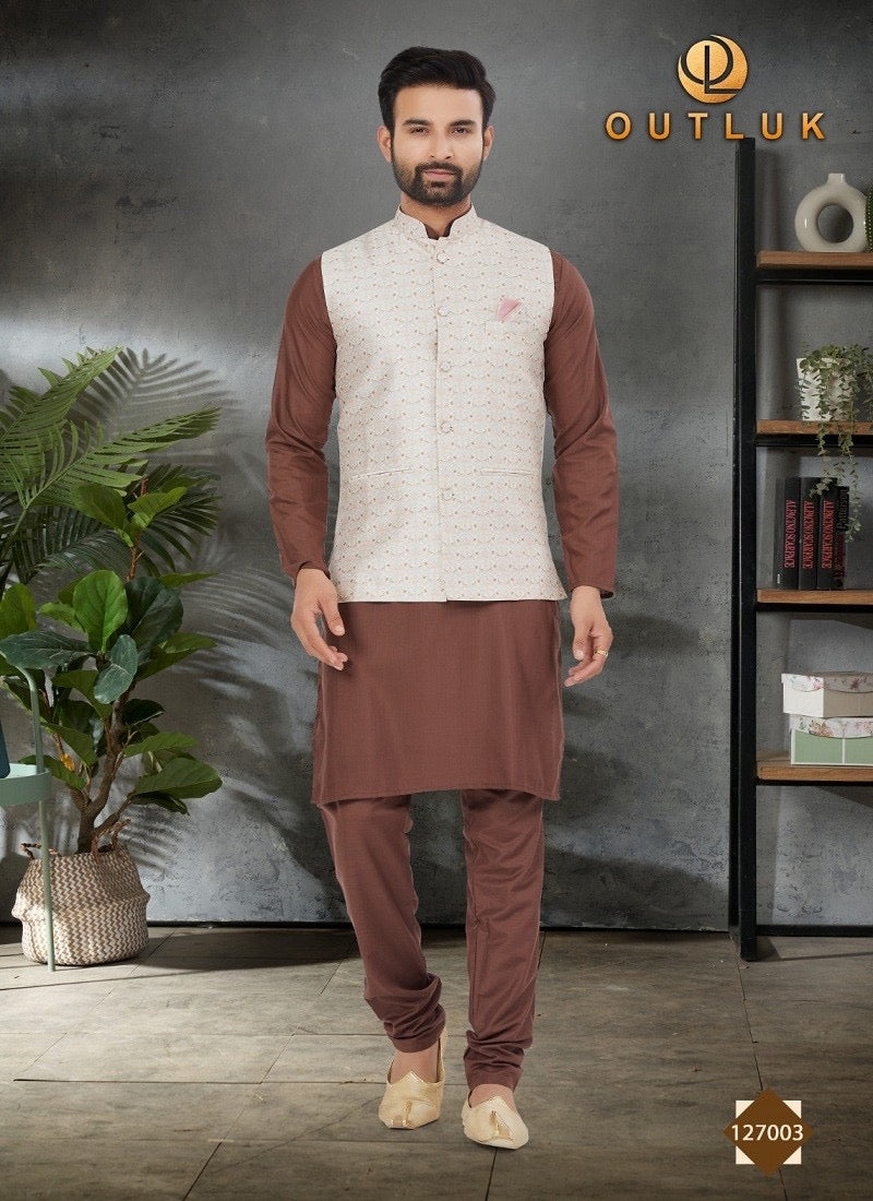 Brown traditional men's Kurta with matching Pajama and jacket, casual ethnic wear by Saree Ghor Charlotte.