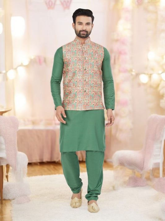 Dark Green Color- Traditional Men's Kurta Pajama with Jacket– Ethnic Wear for Men-234 - Saree Ghor Charlotte