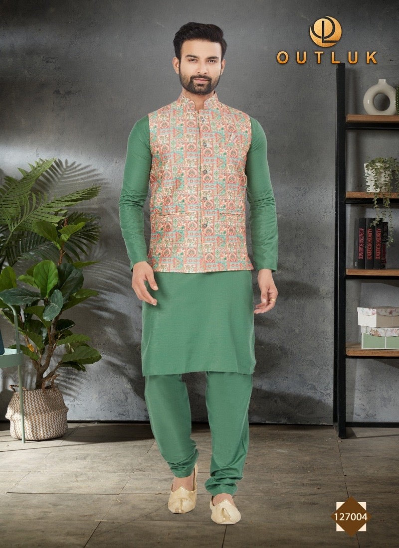Dark green traditional men's Kurta pajama with matching jacket, ethnic wear by Saree Ghor Charlotte, styled for cultural occasions.
