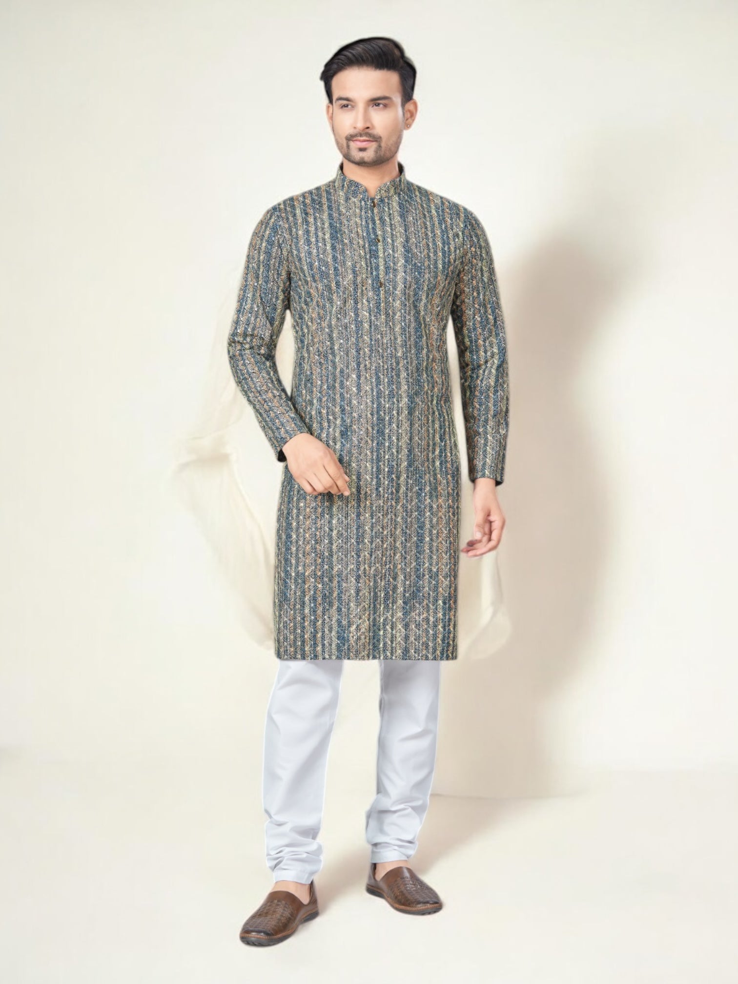 Gray traditional men's kurta and pajama set by Saree Ghor Charlotte, featuring classic ethnic wear design for men.