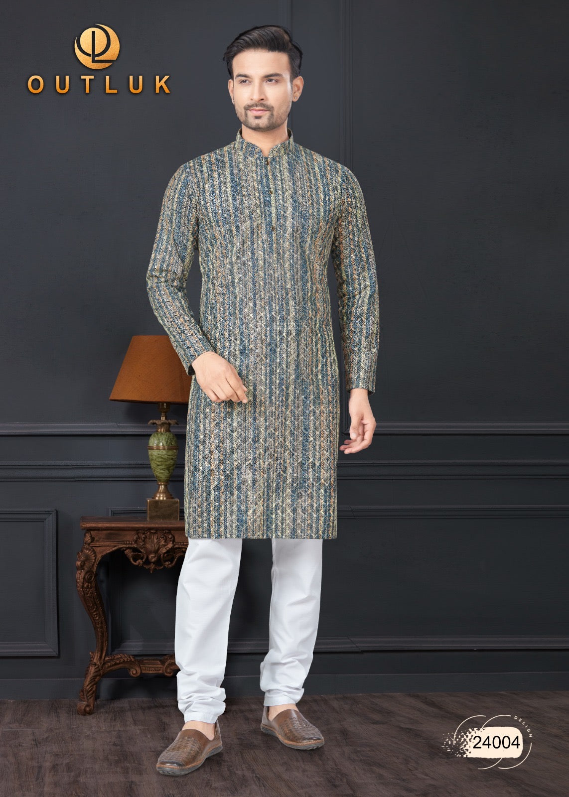 Gray traditional men's kurta and pajama set by Saree Ghor Charlotte, showcasing the ethnic wear with classic design and comfortable fit.