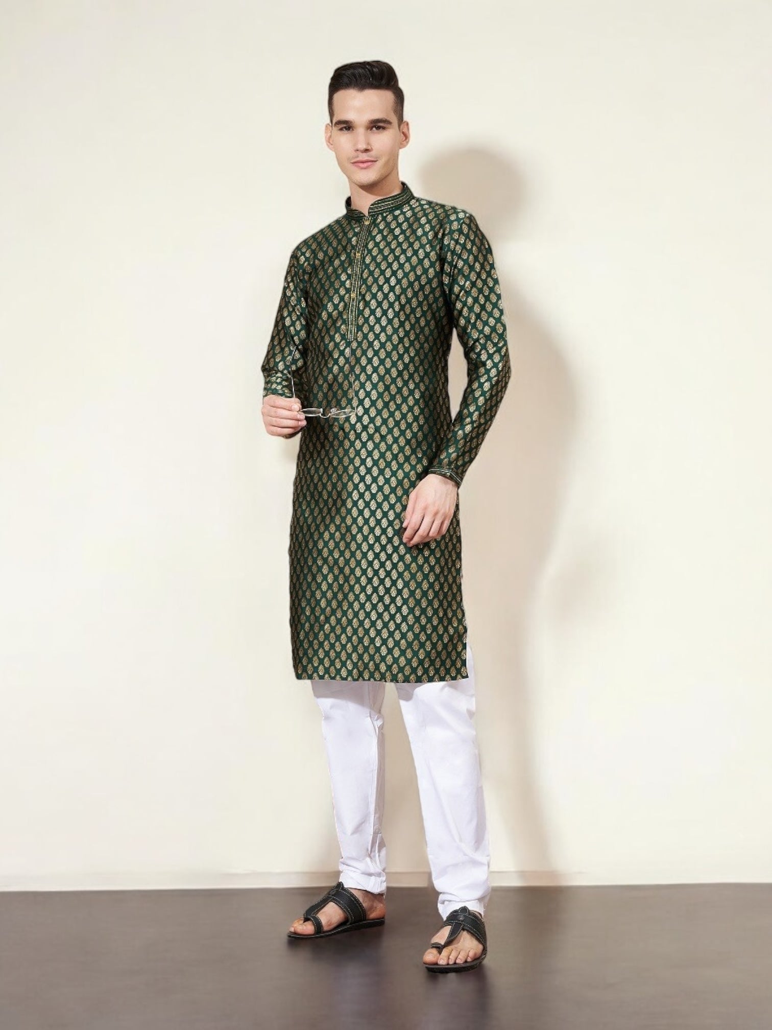 Green traditional men's Kurta Pajama set by Saree Ghor Charlotte, featuring a classic ethnic wear design for men.
