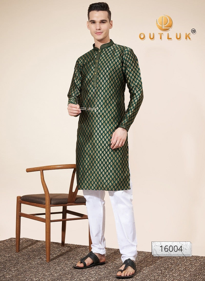 Green traditional men's Kurta Pajama set by Saree Ghor Charlotte, featuring a classic ethnic design and comfortable fit.