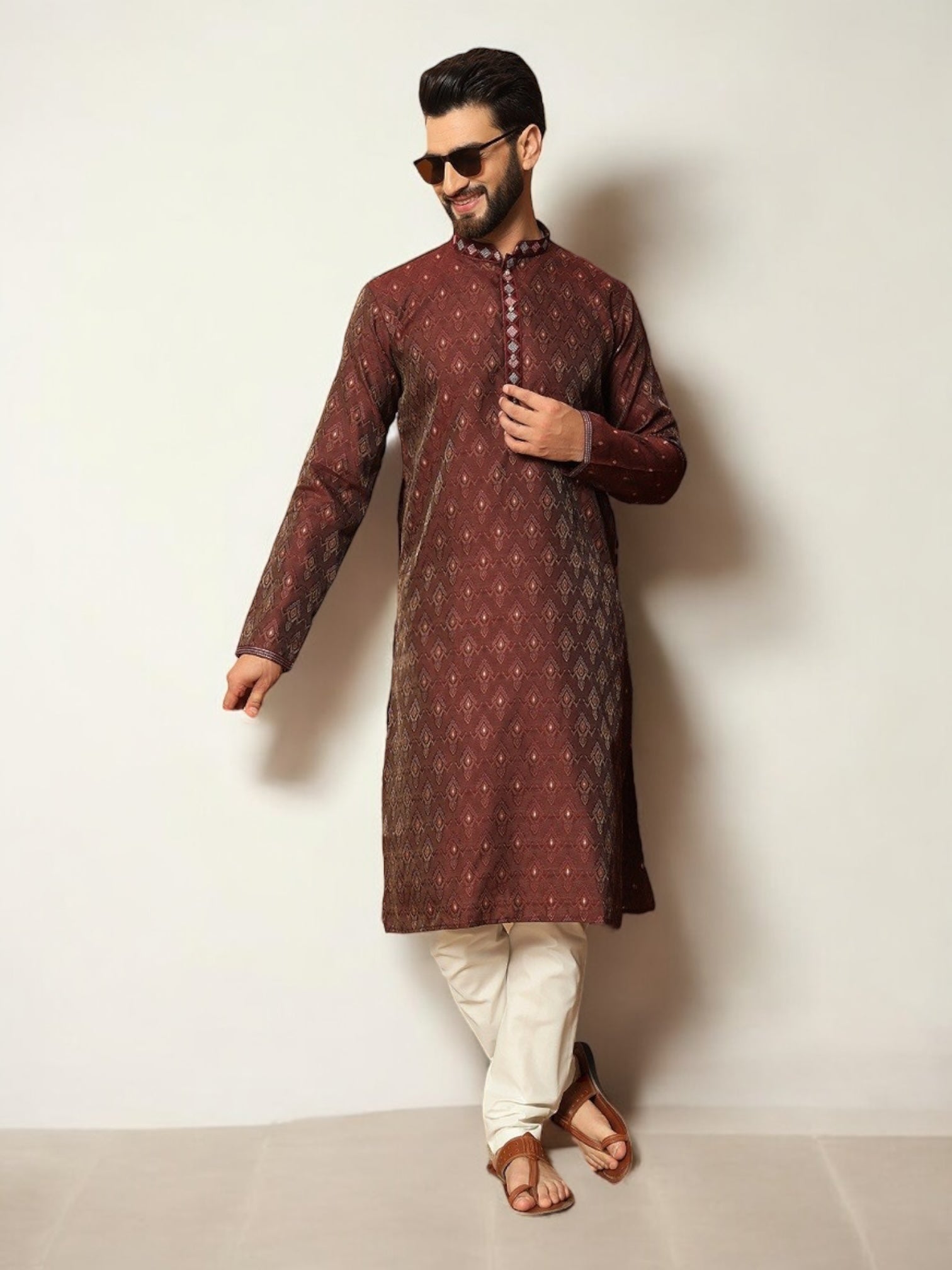 Maroon traditional men's Kurta Pajama set by Saree Ghor Charlotte, featuring a classic ethnic wear design for men.
