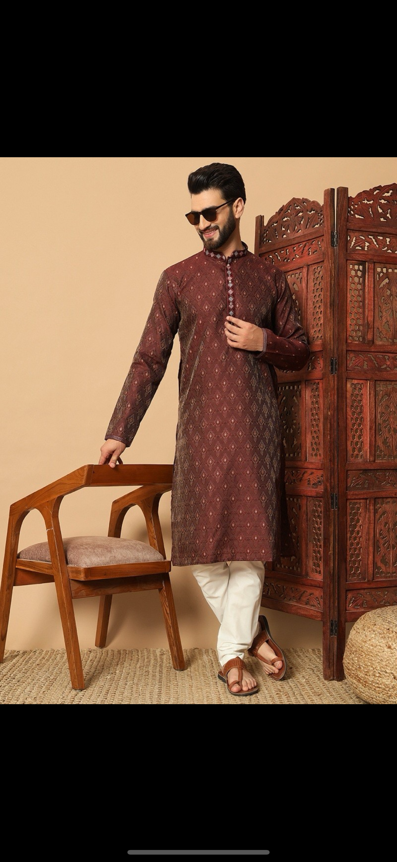 Maroon traditional men's kurta and pajama set by Saree Ghor Charlotte, with ethnic design and comfortable fit for cultural wear.