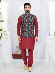 Maroon traditional men's kurta pajama with matching jacket, ethnic wear by Saree Ghor Charlotte, suitable for cultural occasions.