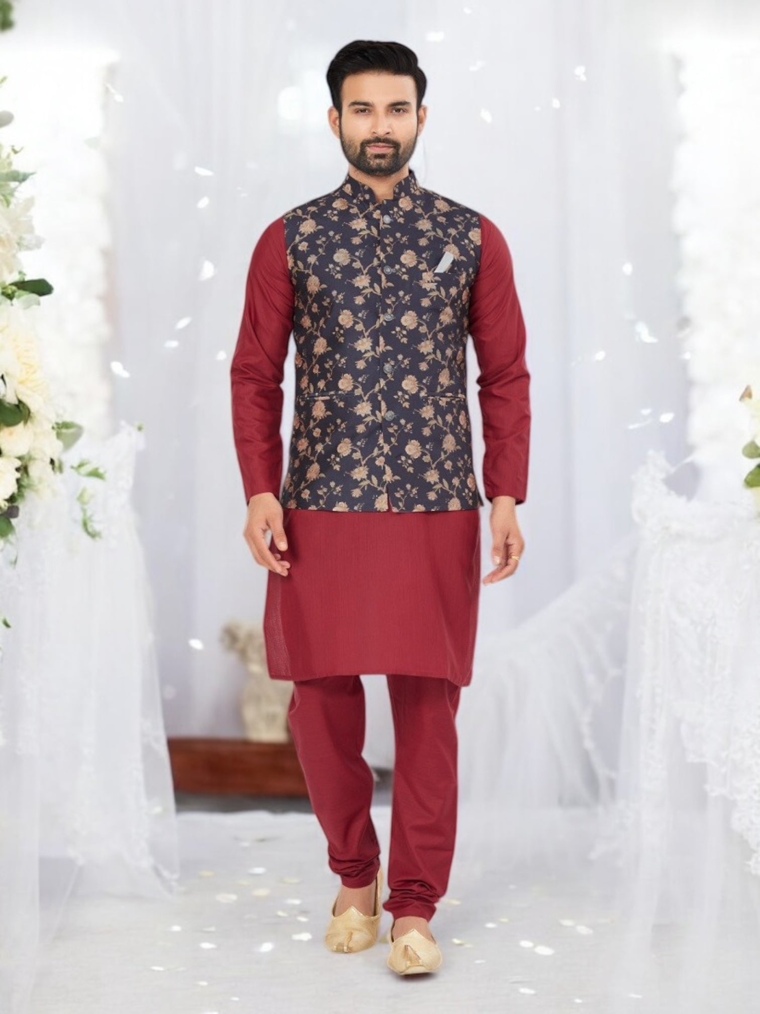 Maroon traditional men's kurta pajama with matching jacket, ethnic wear by Saree Ghor Charlotte, suitable for cultural occasions.