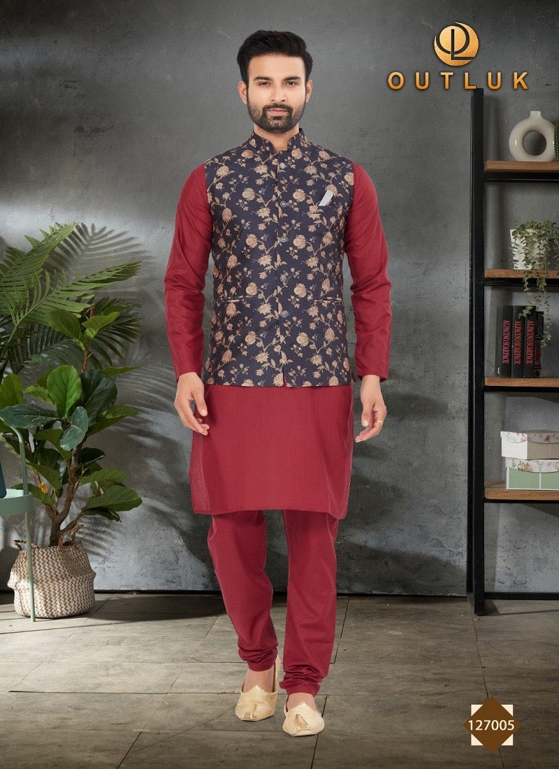 Maroon traditional men's kurta pajama with jacket by Saree Ghor Charlotte, ethnic wear for men, showcased on a model.