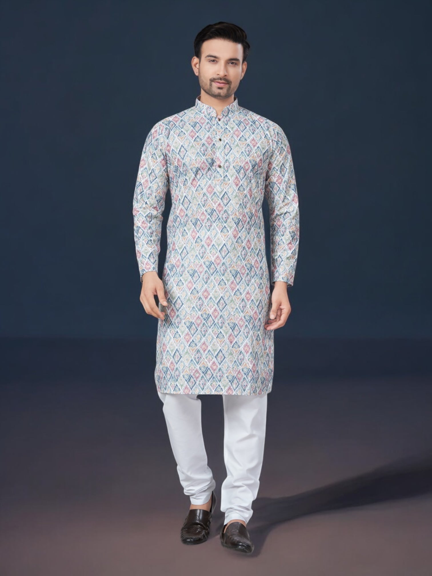 Multi-color traditional men's kurta and pajama set by Saree Ghor Charlotte, featuring intricate ethnic design and comfortable fabric.