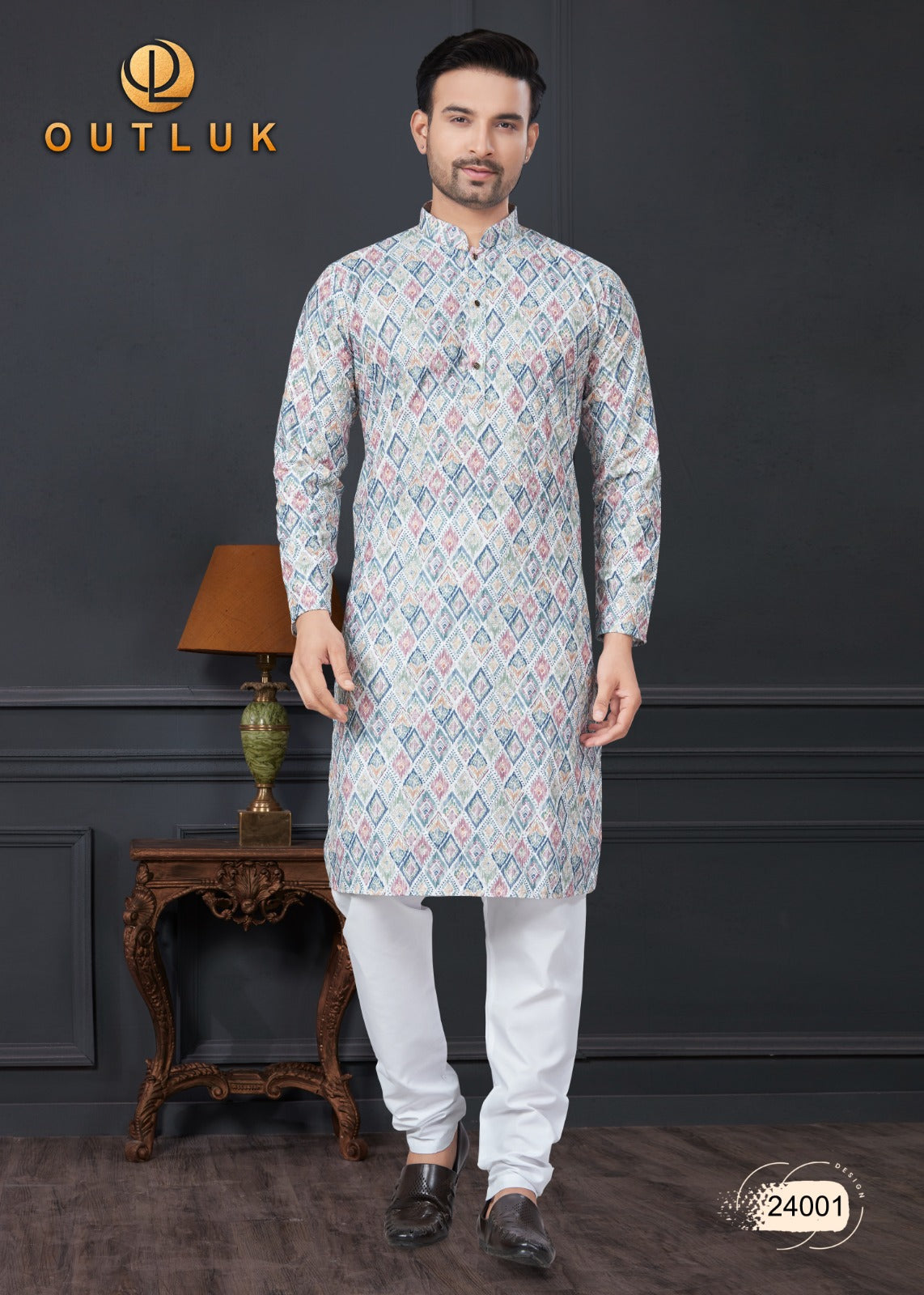 Multi-color traditional men's kurta and pajama set by Saree Ghor Charlotte, featuring vibrant ethnic wear for men.