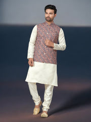 Multi-color traditional men's kurta with matching pajama and jacket, ethnic wear by Saree Ghor Charlotte.