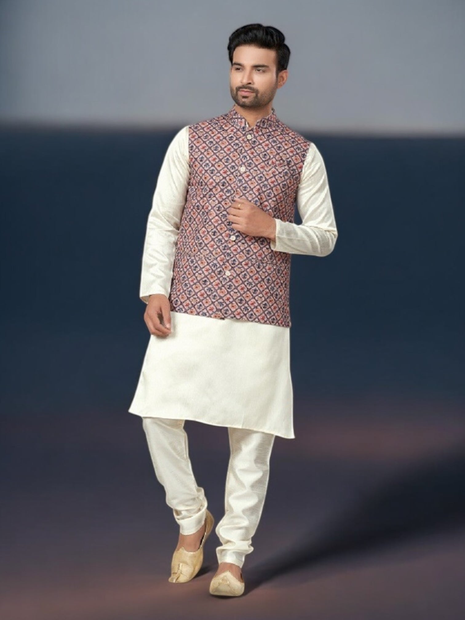 Multi-color traditional men's kurta with matching pajama and jacket, ethnic wear by Saree Ghor Charlotte.