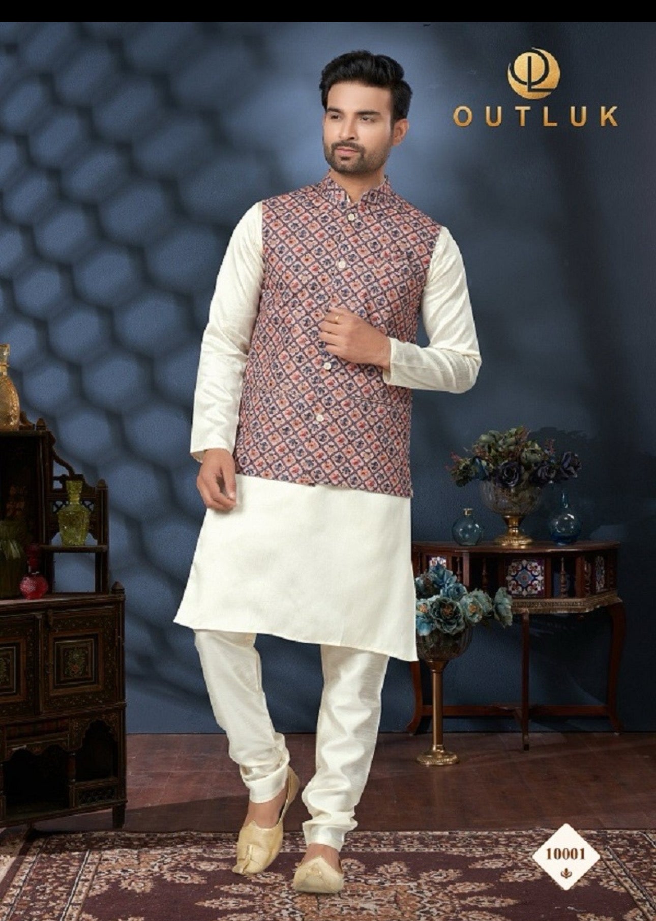Multi-color traditional men's kurta pajama with jacket by Saree Ghor Charlotte, featuring ethnic design and intricate details.