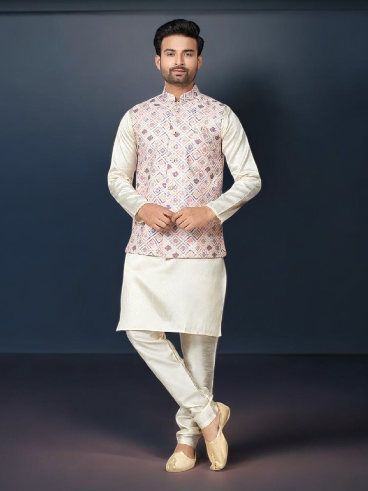 Multi-color traditional men's kurta pajama with jacket by Saree Ghor Charlotte, showcasing ethnic wear for men.