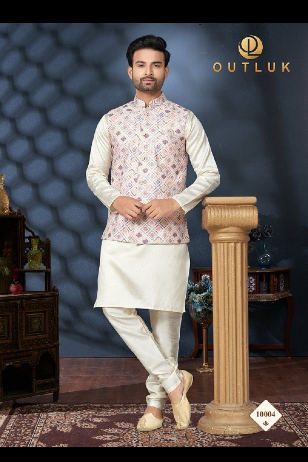 Multi-color traditional men's kurta pajama with jacket by Saree Ghor Charlotte, featuring intricate ethnic embroidery and classic design.
