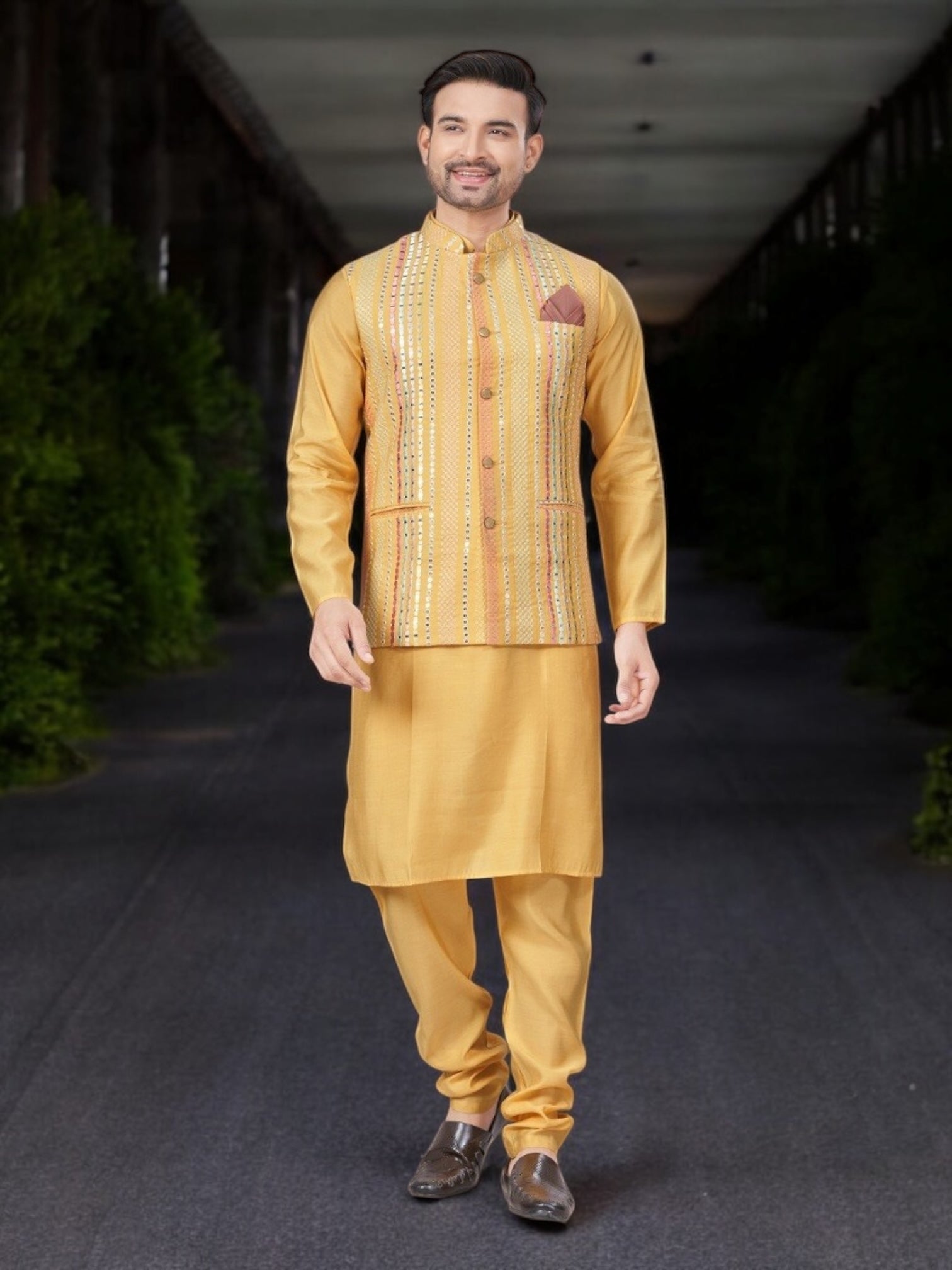 Mustard color traditional men's kurta pajama with jacket by Saree Ghor Charlotte, ethnic wear for men, shown on a model.