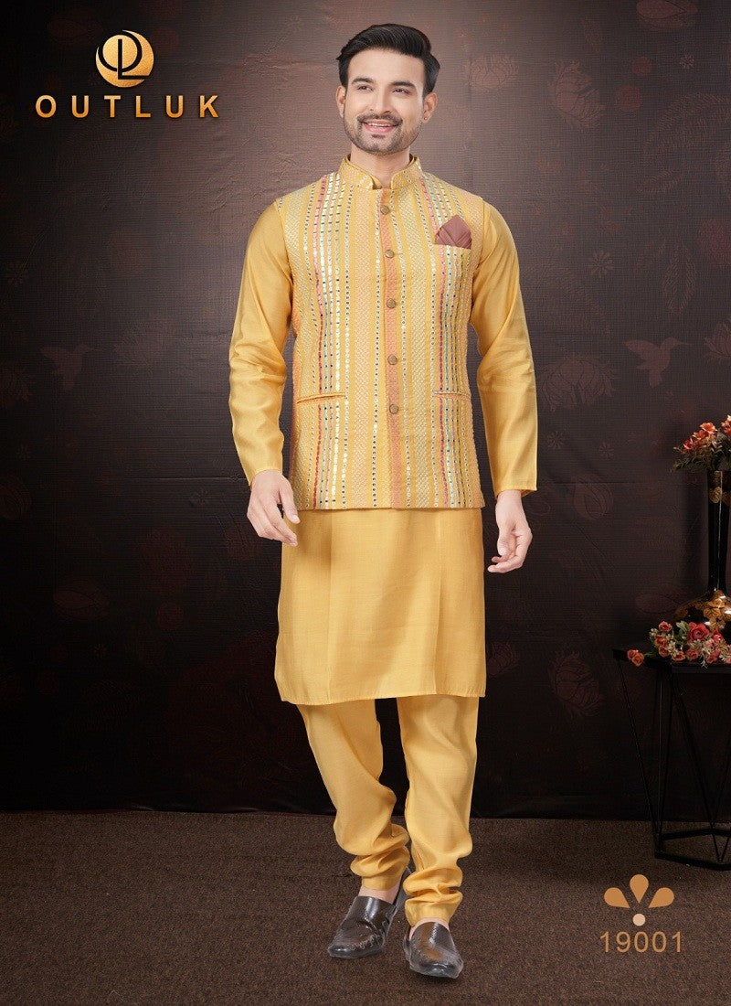 Mustard color traditional men's kurta with matching pajama and jacket, ethnic wear by Saree Ghor Charlotte.