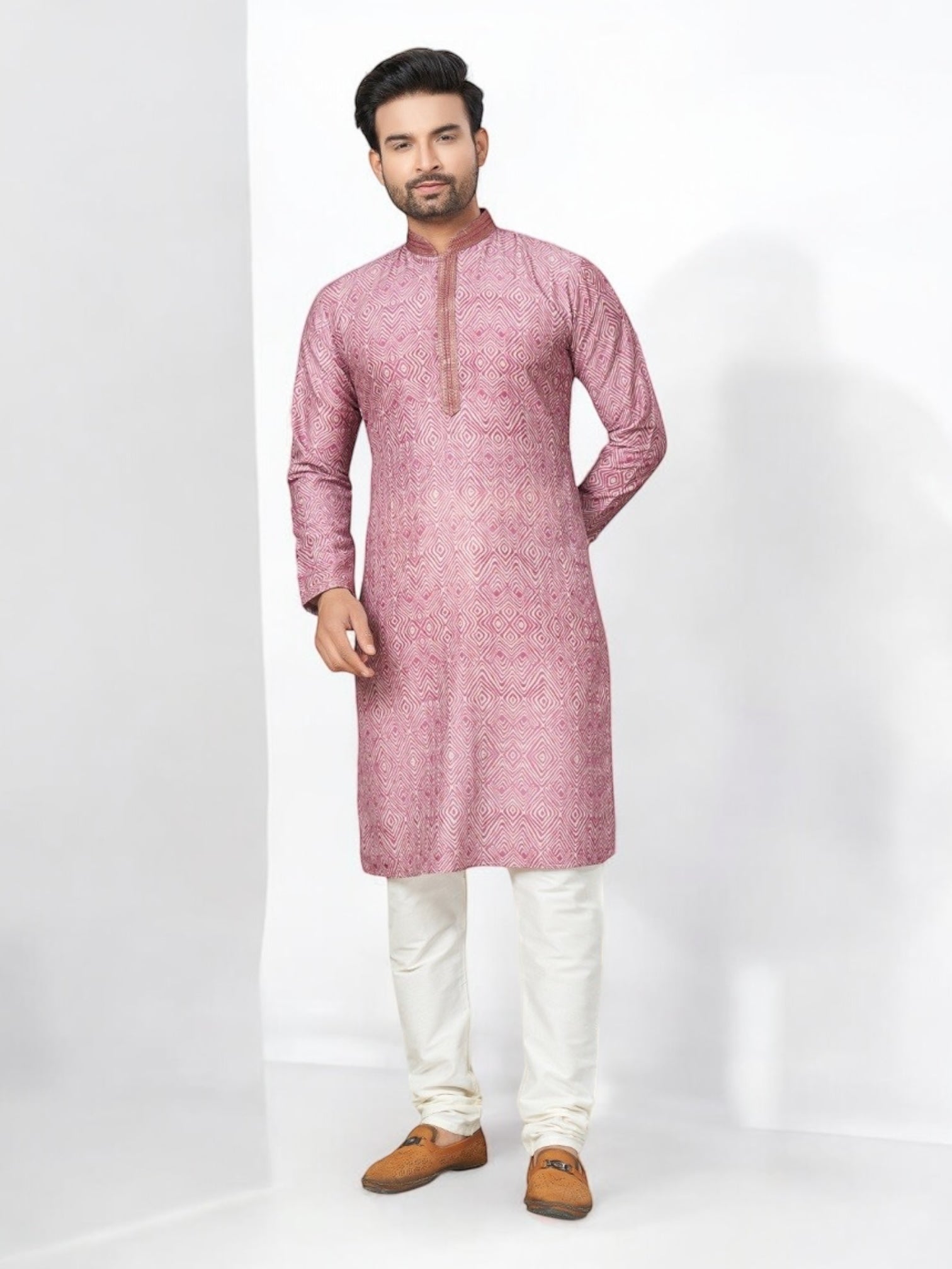 Pink traditional men's Kurta and Pajama set by Saree Ghor Charlotte, featuring ethnic wear with intricate design details.