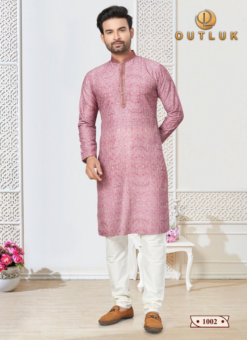 Pink traditional men's kurta and pajama set by Saree Ghor Charlotte, showcasing ethnic wear with intricate design details.