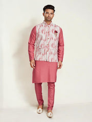 Pink traditional men's kurta pajama with matching jacket, ethnic wear by Saree Ghor Charlotte, featuring intricate embroidery and classic style.