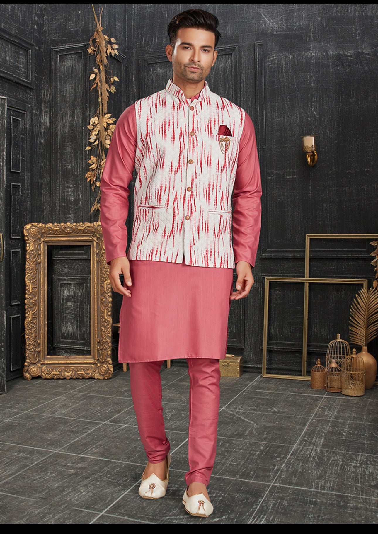 Pink traditional men's kurta pajama with matching jacket by Saree Ghor Charlotte, ethnic wear for men, full-length front view.