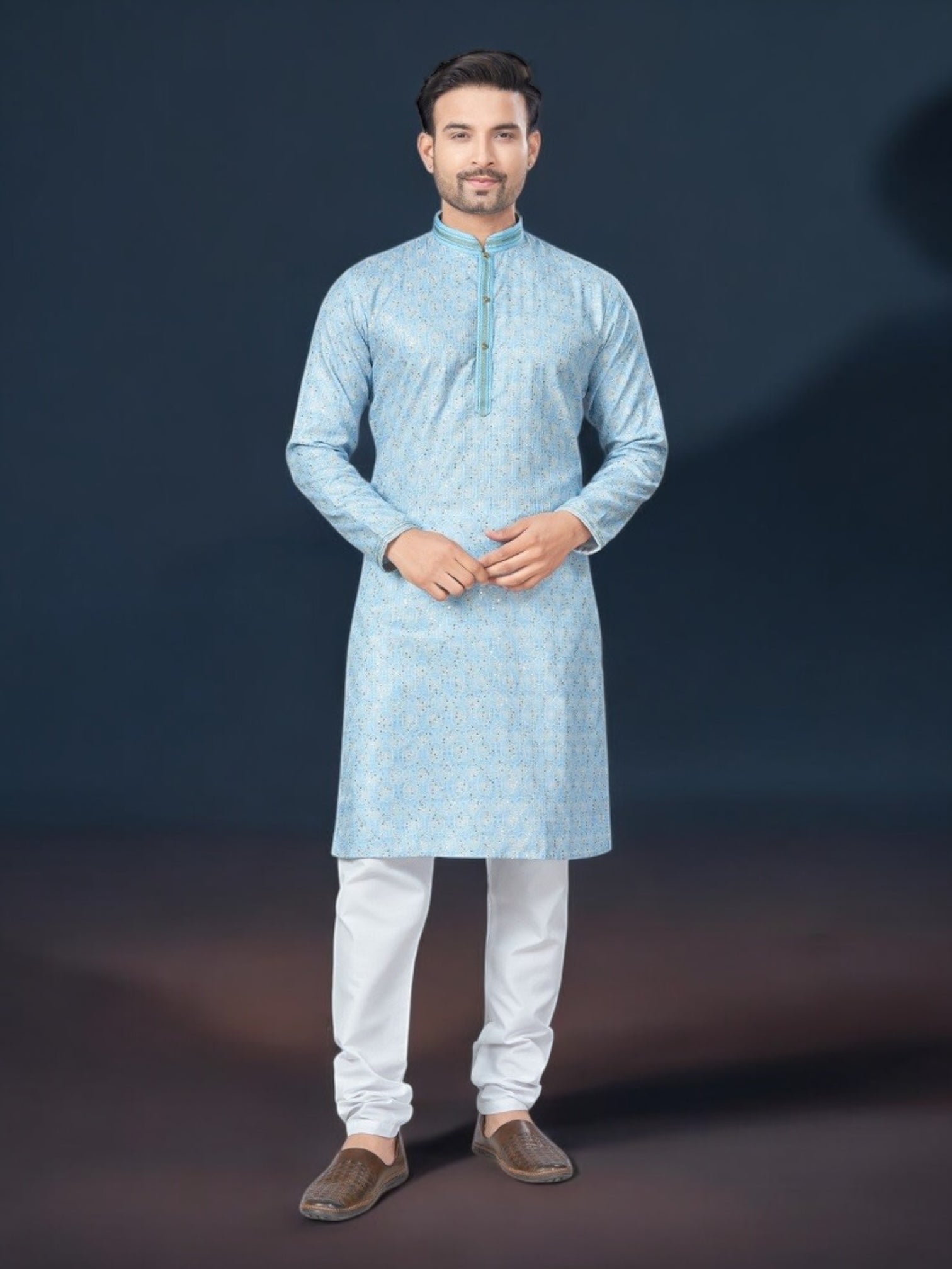 Sky blue traditional men's kurta and pajama set by Saree Ghor Charlotte, ethnic wear for men with intricate design details.