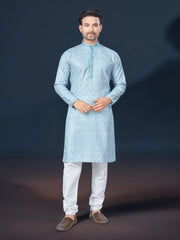 Sky blue traditional men's kurta and pajama set by Saree Ghor Charlotte, ethnic wear for men with intricate design details.
