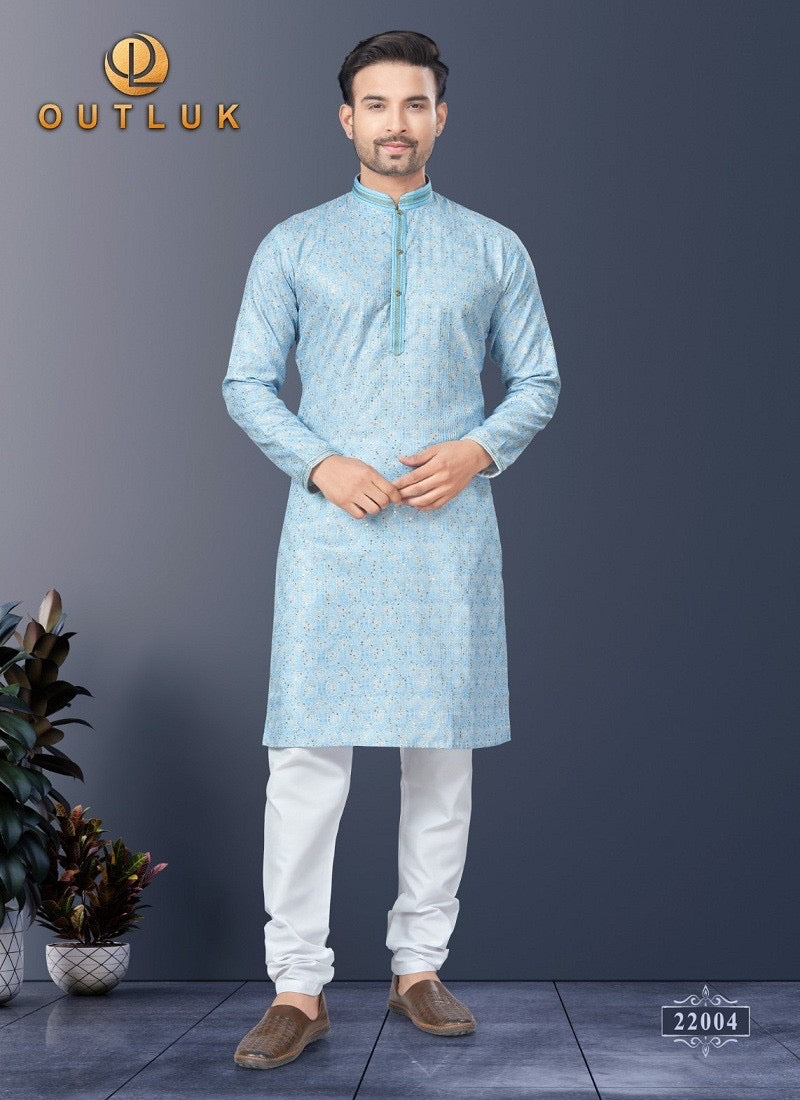 Sky blue traditional men's Kurta and pajama set by Saree Ghor Charlotte, featuring intricate ethnic wear design.